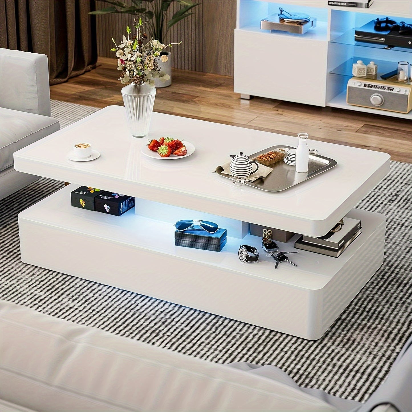 Elegant Modern LED Coffee Table for Living Room - 2-Tier Black & White Design with 16-Color LED Lights, Spacious Storage, Easy Assembly - Hardwood Material, High Gloss, Rectangular Design, Coffee Table, Living Room, 16-color