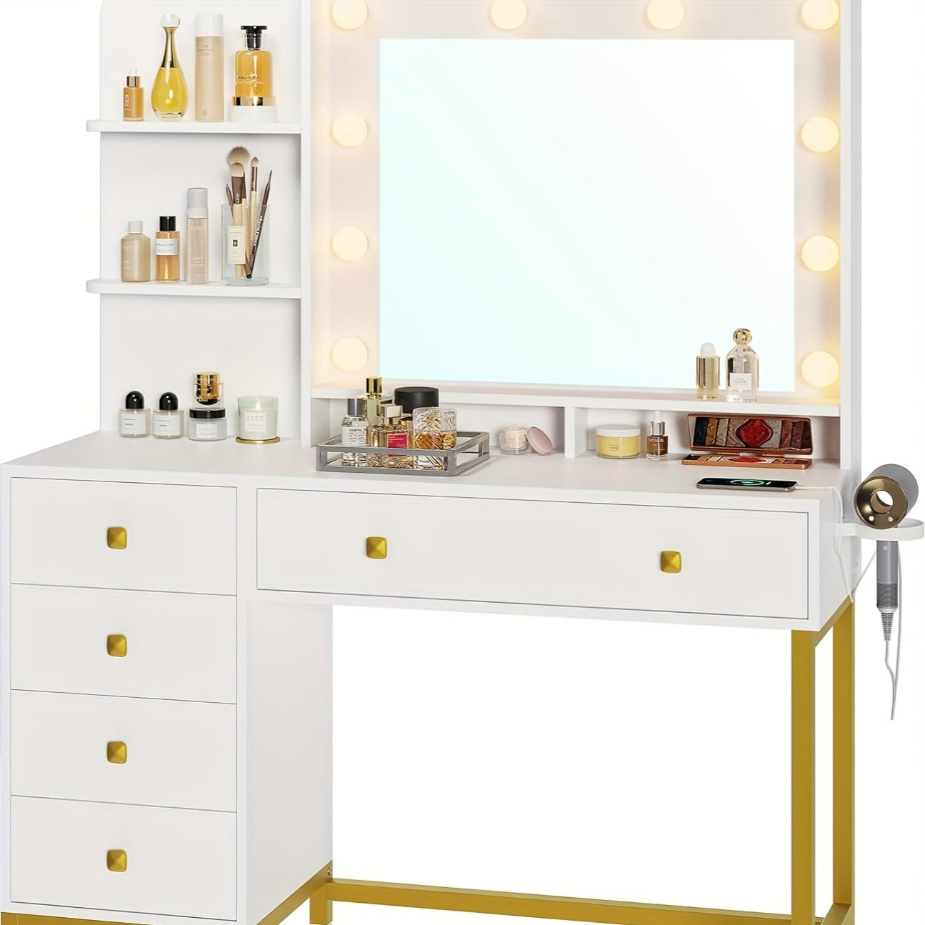 Vanity Desk With Mirror, LED 3 Color Lights And Power Outlet Makeup Vanity Table With 5 Drawers And 3 Storage Shelves Dressing Table, White