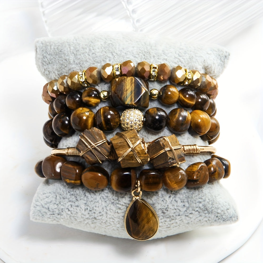 [Popular Choice] Bohemian Layered Women's Jewelry Set - 5pcs Natural Stone and Glass Beaded Elastic Bracelets with Irregular Tiger Eye and December Birthstone, Perfect for Daily Wear or Gifting, Perfect for Thanksgiving