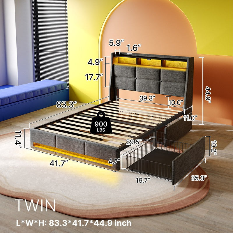 Bed Frame, Storage Headboard with Charging Station & LED Lights Bed Storage Headboard & Drawers, Heavy Duty Wood Slats, Easy Assembly