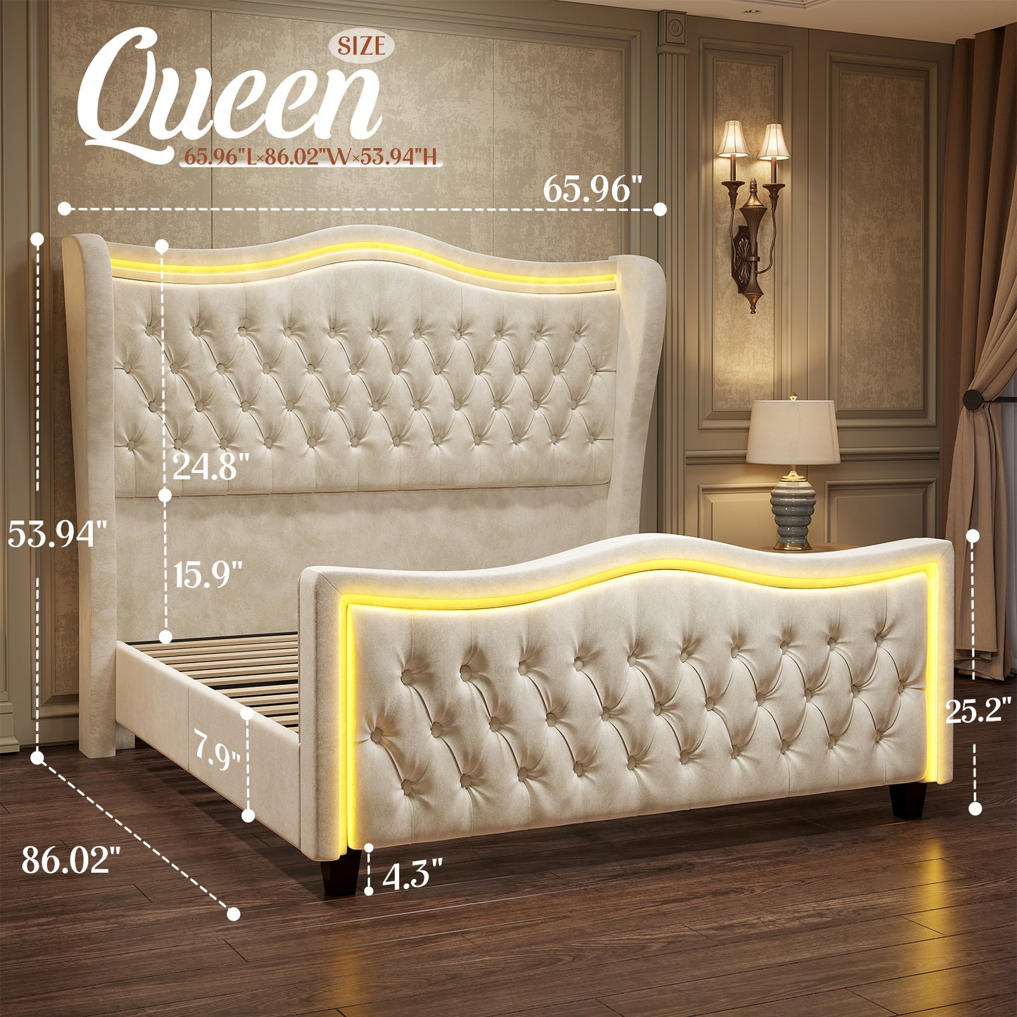 Exquisite Albott Platform Bed Frame with Integrated LED Lighting, 53-Inch Upholstered Wingback Design Accentuated by a Finely Crafted Deep Button-Tufted Headboard and Footboard - Comparable to Amazon's Finest