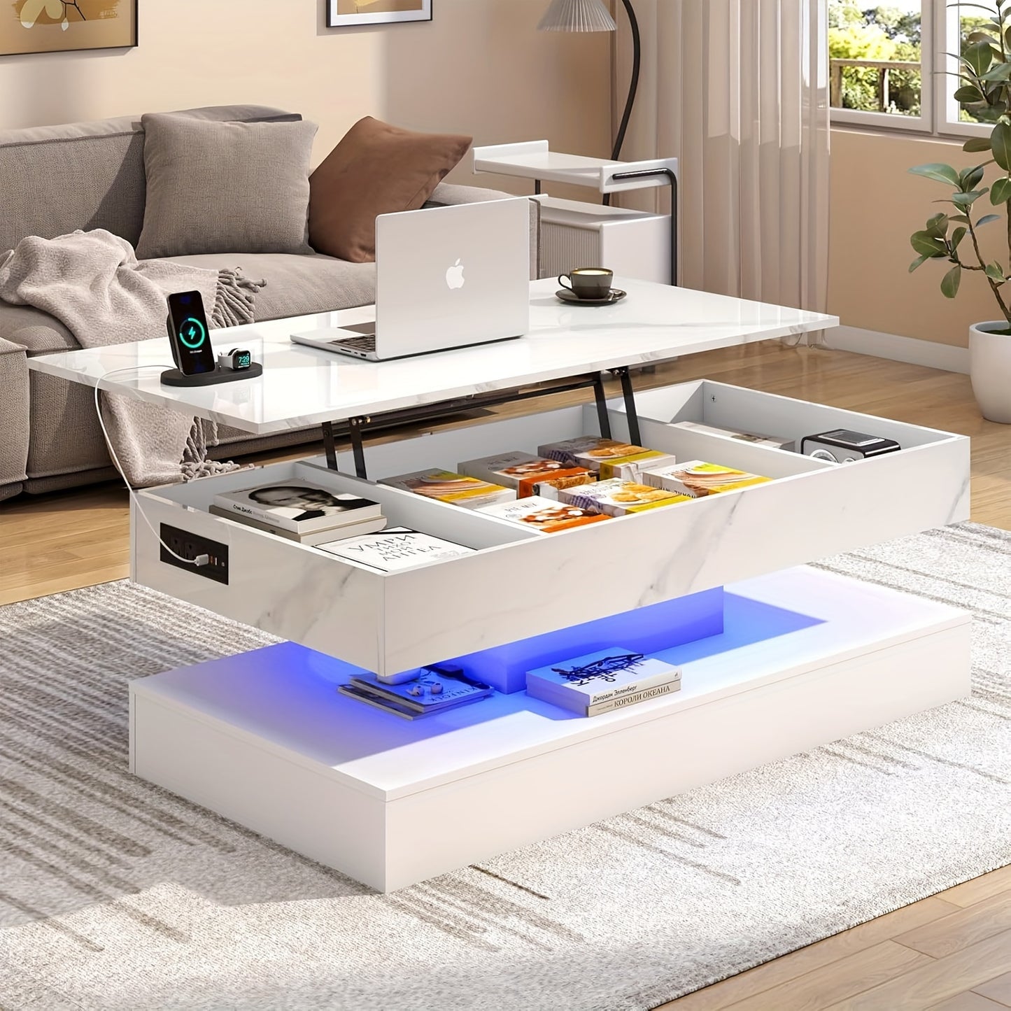 47.2" Large Lift Top Coffee Table With Charging Station, LED Modern High Glossy Center Table With Hidden Compartment Storage, White Lift Living Room Tables With Marbling Print