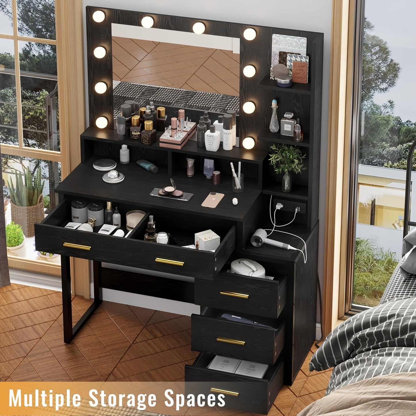 Makeup Vanity With Lights, Black Vanity Desk With Mirror & 3 Lighting Modes, Vanity Table With USB Ports And Outlets, Makeup Table With Nightstand & Storage Shelves & Drawers (Modern Black)