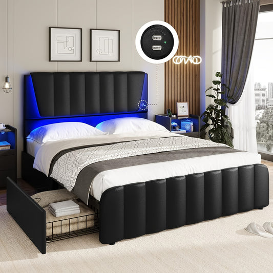 Full Size Bed Frame With Headboard, 4 Storage Drawers, LED Lights Platform Bed Frame With Adjustable Headboard Black