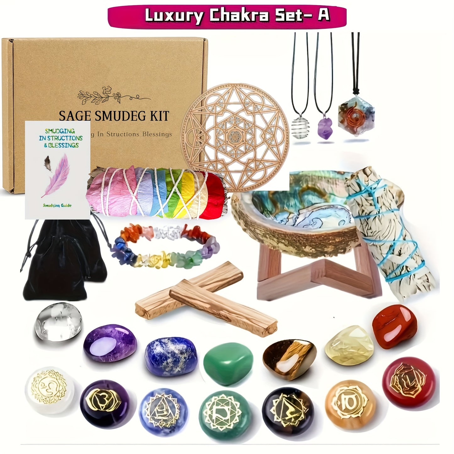 Sage Smudge Kit - Flower White Sage, Palo Santo, Stand, Engraved Symbols Polished Stones & Crystal Bracelet Meditation Instructions & Pouch -Jewelry Patterns