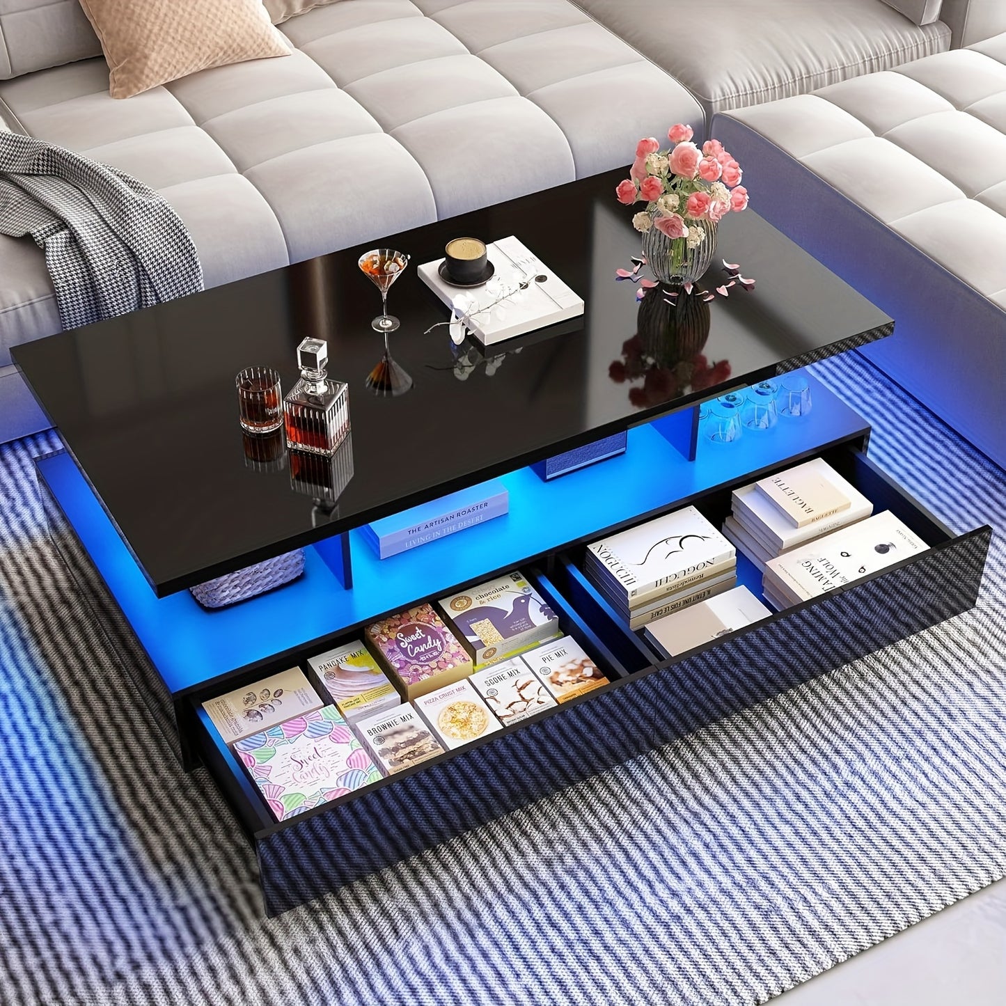 LED Coffee Table w/ 2 Storage Drawers, App Control, High Glossy Modern Black Coffee Table w/60, 000-Color Lights, Rectangle 2-Tier Center Table w/Display Shelf for Living Room