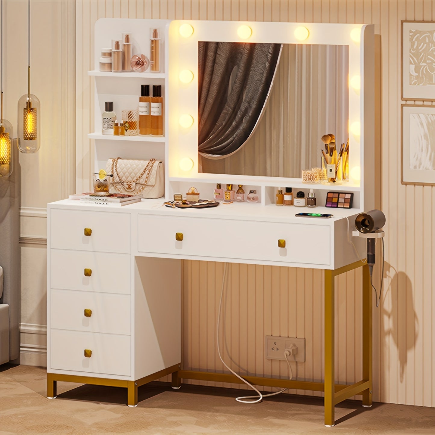 Vanity Desk With Mirror, LED 3 Color Lights And Power Outlet Makeup Vanity Table With 5 Drawers And 3 Storage Shelves Dressing Table, White