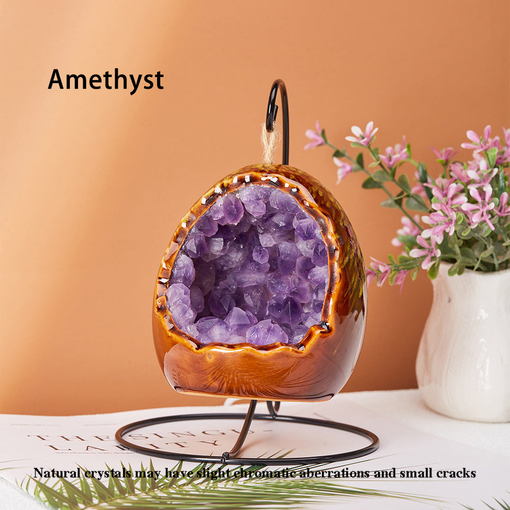 1pc Natural Healing Crystal Stone Amethyst Tusk Flower Dinosaur Egg Shape Holiday Night Light Decoration, Novelty Decorative Lights