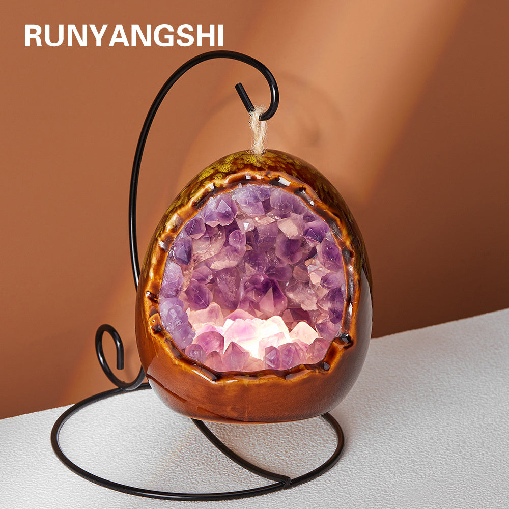 1pc Natural Healing Crystal Stone Amethyst Tusk Flower Dinosaur Egg Shape Holiday Night Light Decoration, Novelty Decorative Lights