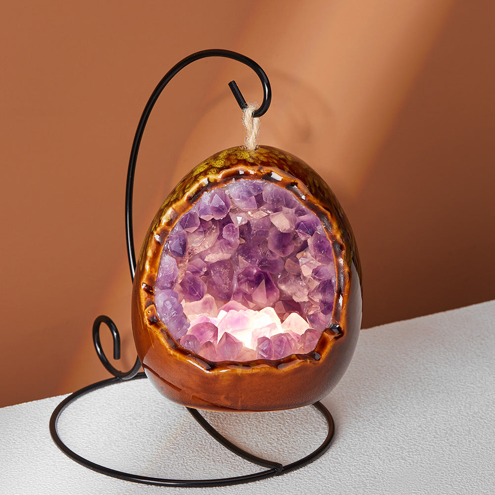 1pc Natural Healing Crystal Stone Amethyst Tusk Flower Dinosaur Egg Shape Holiday Night Light Decoration, Novelty Decorative Lights