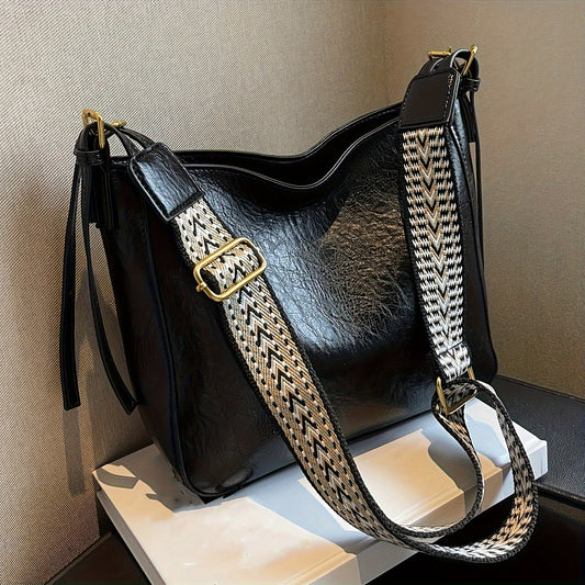 Women's Trendy Vintage Shoulder Bag, Classic Textured Handbag With Wide Geometric Pattern Strap