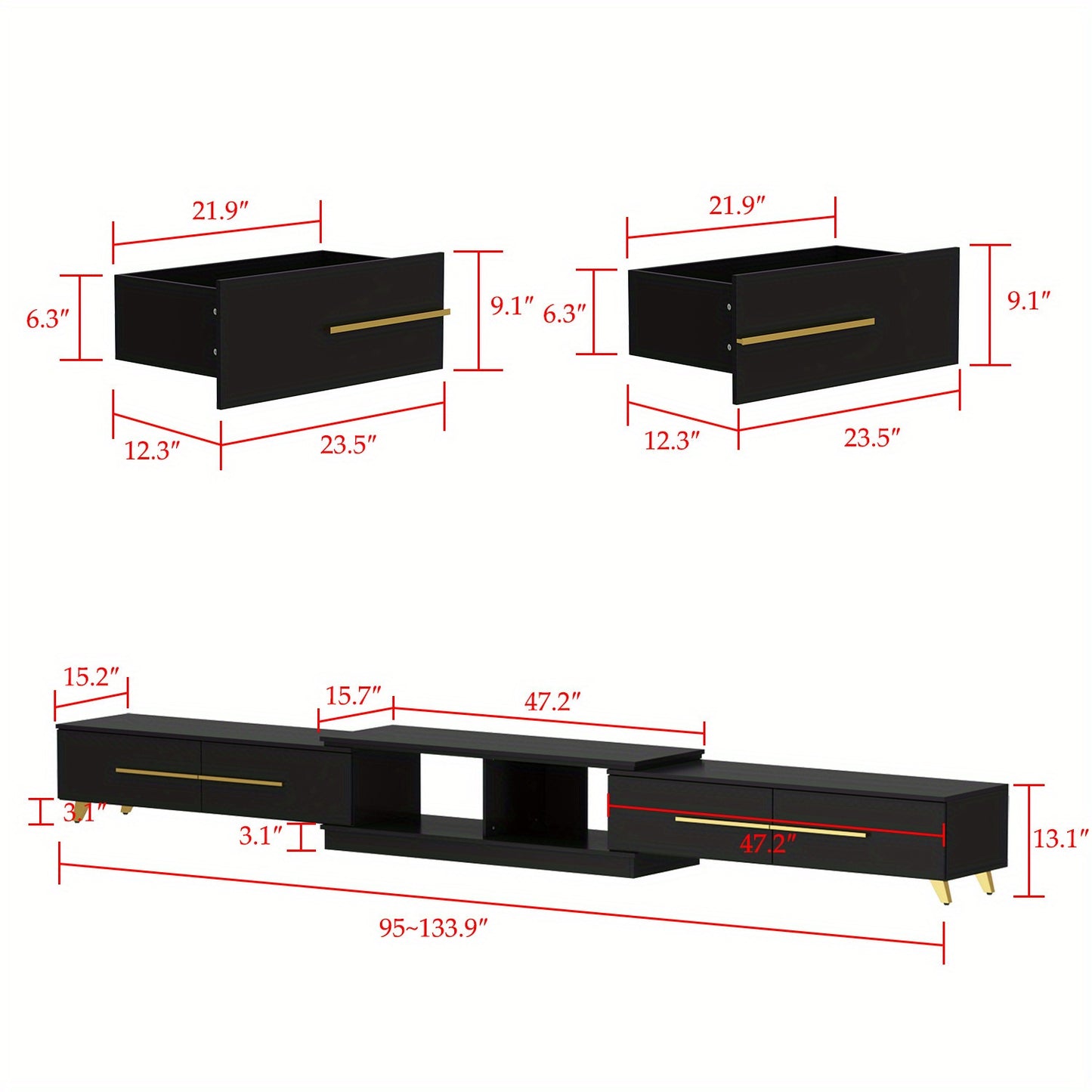 Modern TV Console Cabinet Media Console, Adjustable Length, Contemporary Entertainment Center with Drawers and Legs, for Living Room (95"-136.2"W x 15.2"D x 13.1"H)