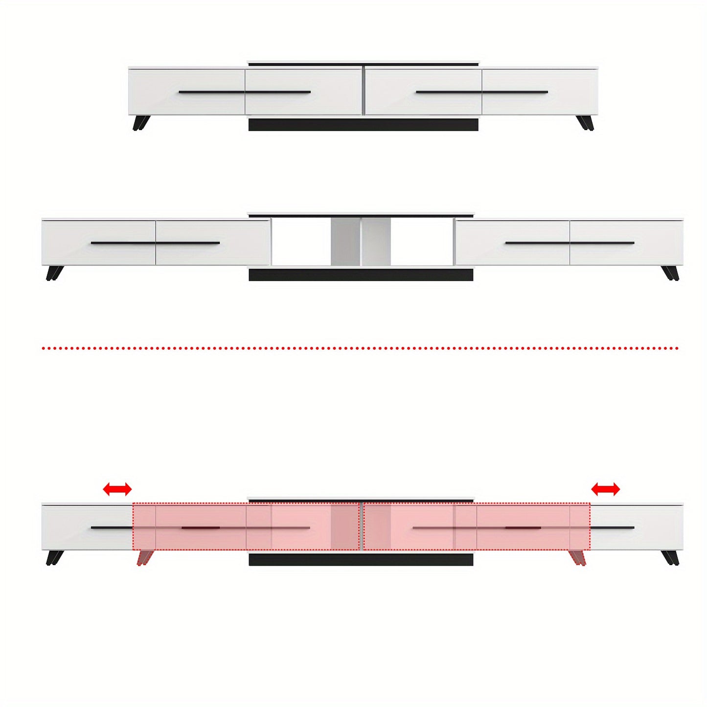 Modern TV Console Cabinet Media Console, Adjustable Length, Contemporary Entertainment Center with Drawers and Legs, for Living Room (95"-136.2"W x 15.2"D x 13.1"H)