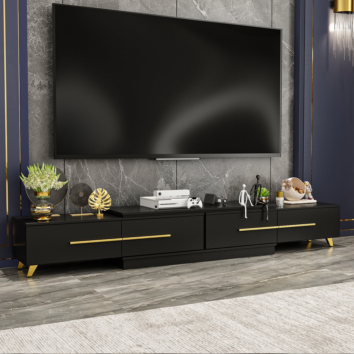 Modern TV Console Cabinet Media Console, Adjustable Length, Contemporary Entertainment Center with Drawers and Legs, for Living Room (95"-136.2"W x 15.2"D x 13.1"H)