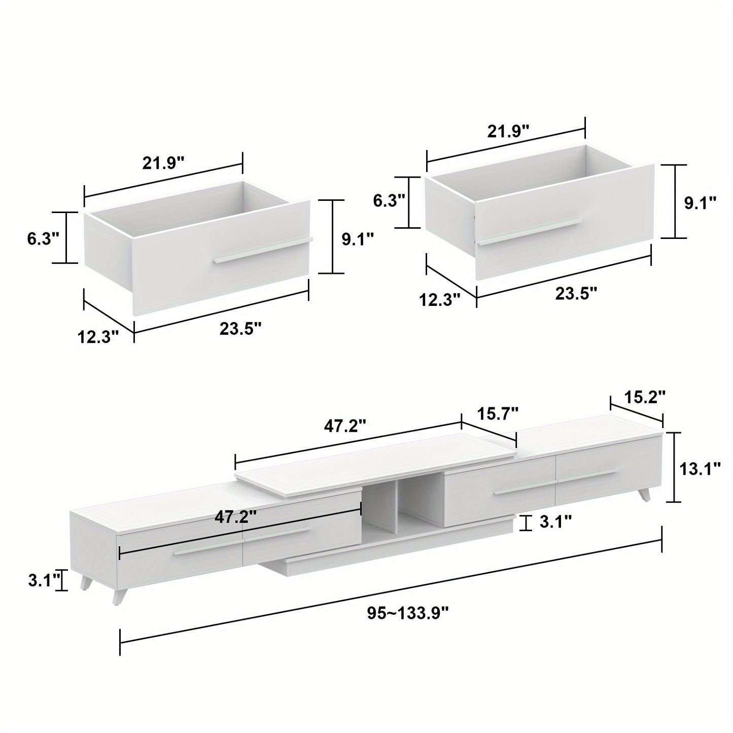 Modern TV Console Cabinet Media Console, Adjustable Length, Contemporary Entertainment Center with Drawers and Legs, for Living Room (95"-136.2"W x 15.2"D x 13.1"H)