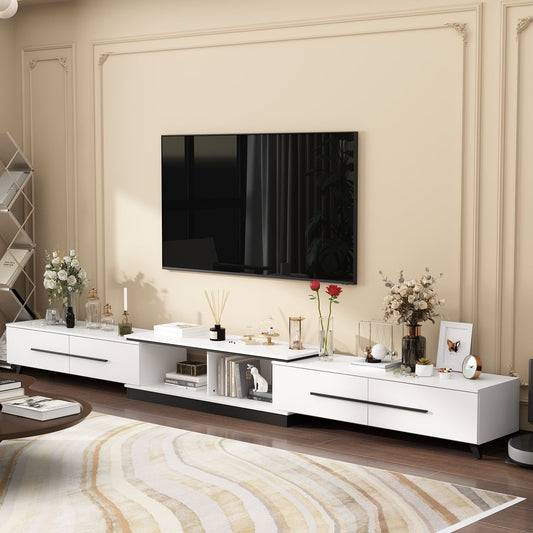 Modern TV Console Cabinet Media Console, Adjustable Length, Contemporary Entertainment Center with Drawers and Legs, for Living Room (95"-136.2"W x 15.2"D x 13.1"H)