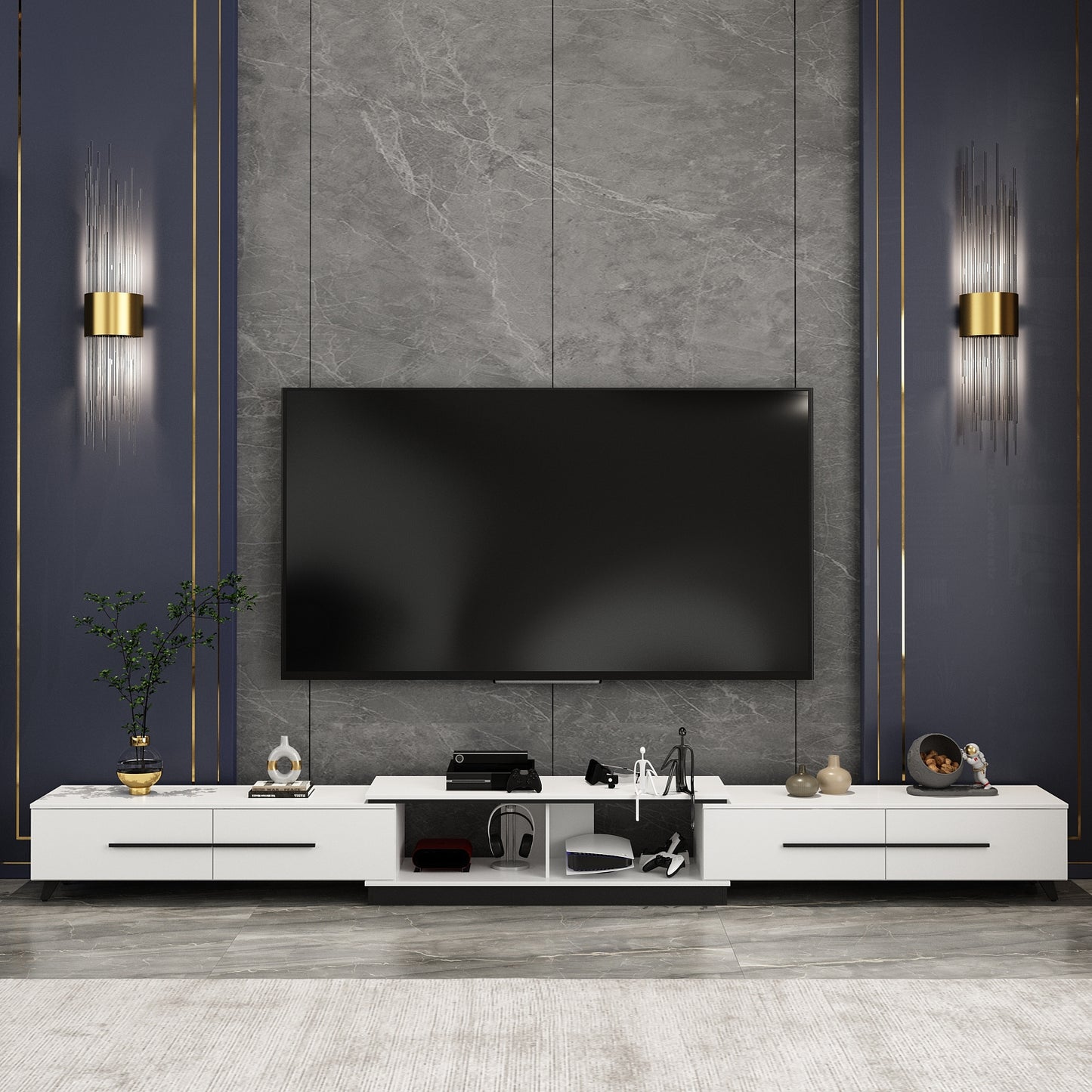 Modern TV Console Cabinet Media Console, Adjustable Length, Contemporary Entertainment Center with Drawers and Legs, for Living Room (95"-136.2"W x 15.2"D x 13.1"H)