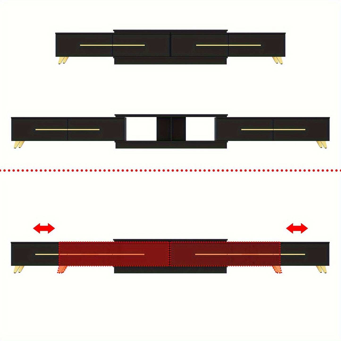 Modern TV Console Cabinet Media Console, Adjustable Length, Contemporary Entertainment Center with Drawers and Legs, for Living Room (95"-136.2"W x 15.2"D x 13.1"H)