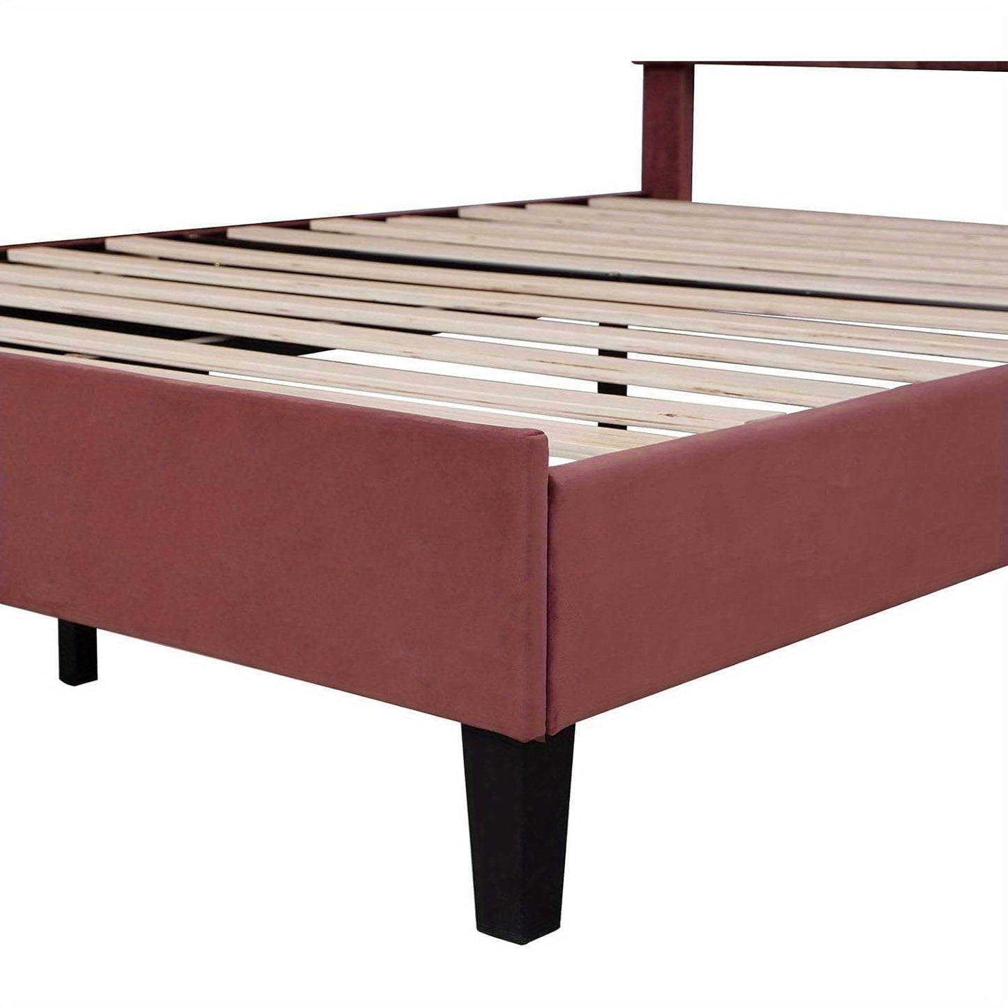 Queen Size Velvet Upholstered Platform Bed with Flower Pattern Headboard, Modern Platform Bed Frame with Wood Slats Support for Boys Girls Teens Adult, Under Bed Storage (Bean Paste Red, Queen)