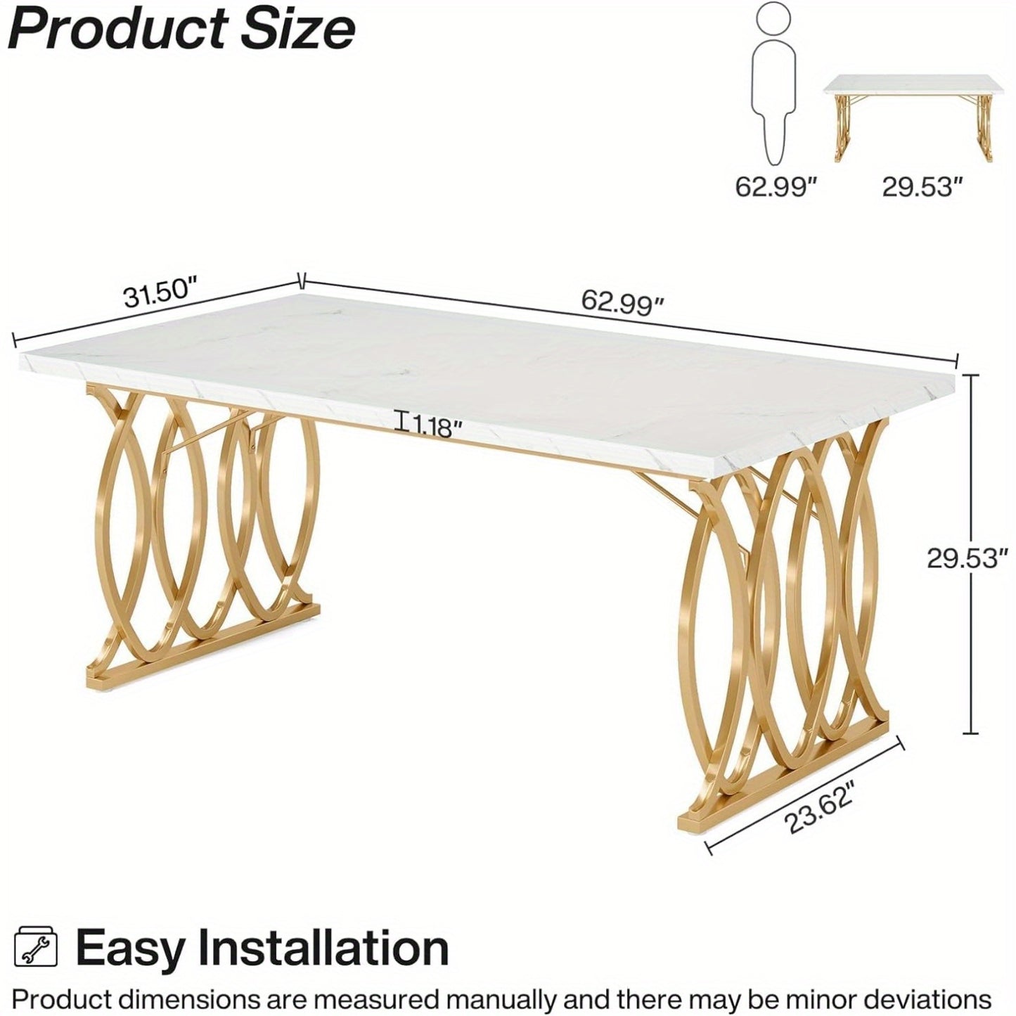 Modern Dining Table for 4-6 People, 63" Large Kitchen Table, Unique Rectangular Dinner Table, Dining Room Furniture with Faux Marble Tabletop and Geometric Legs