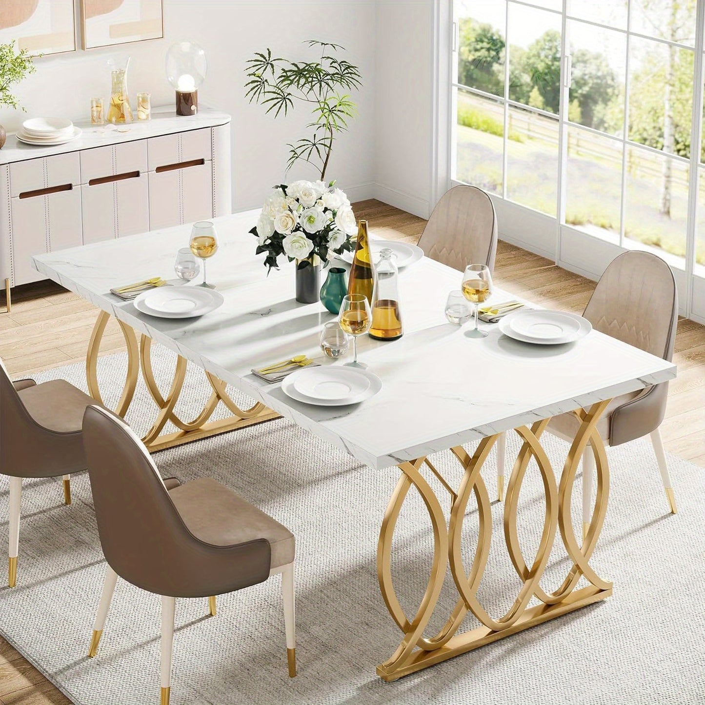 Modern Dining Table for 4-6 People, 63" Large Kitchen Table, Unique Rectangular Dinner Table, Dining Room Furniture with Faux Marble Tabletop and Geometric Legs