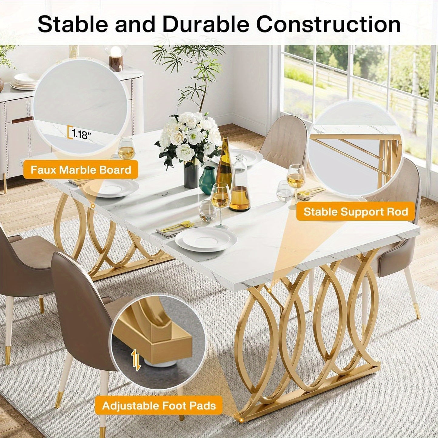 Modern Dining Table for 4-6 People, 63" Large Kitchen Table, Unique Rectangular Dinner Table, Dining Room Furniture with Faux Marble Tabletop and Geometric Legs