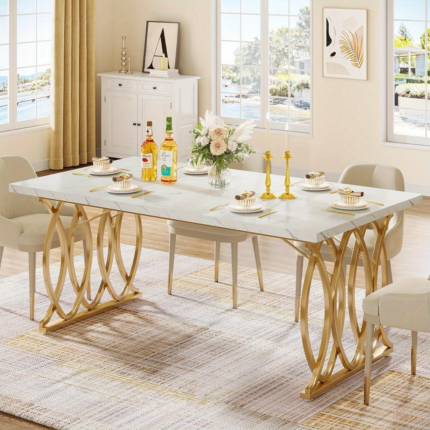 Modern Dining Table for 4-6 People, 63" Large Kitchen Table, Unique Rectangular Dinner Table, Dining Room Furniture with Faux Marble Tabletop and Geometric Legs