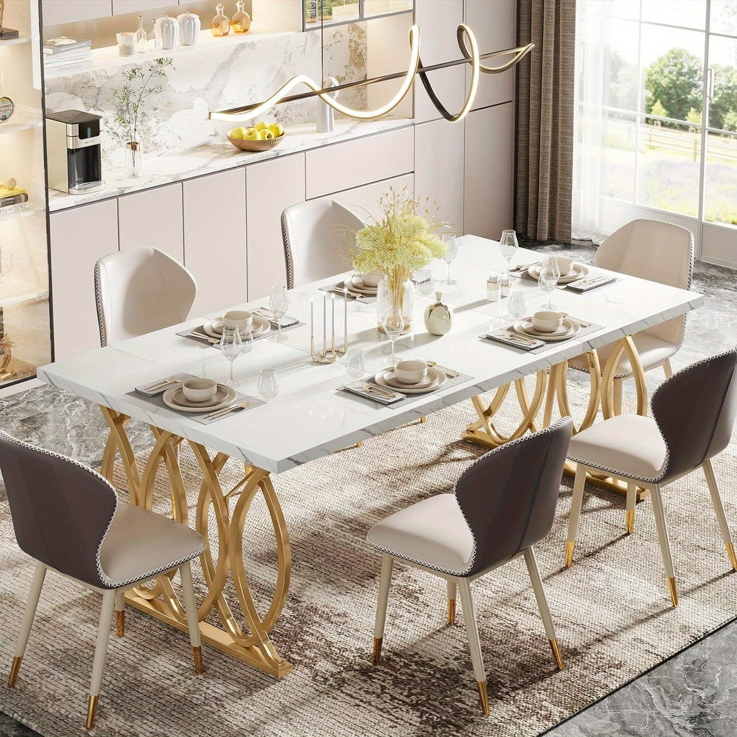 Modern Dining Table for 4-6 People, 63" Large Kitchen Table, Unique Rectangular Dinner Table, Dining Room Furniture with Faux Marble Tabletop and Geometric Legs