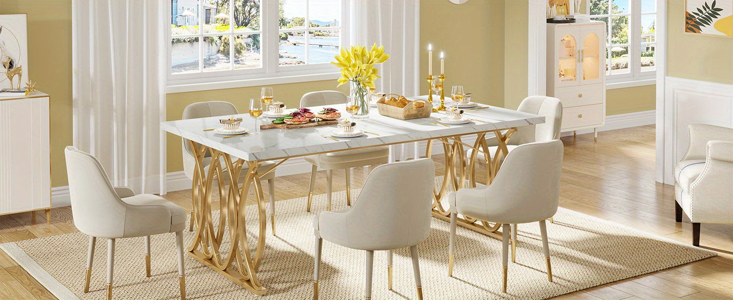 Modern Dining Table for 4-6 People, 63" Large Kitchen Table, Unique Rectangular Dinner Table, Dining Room Furniture with Faux Marble Tabletop and Geometric Legs