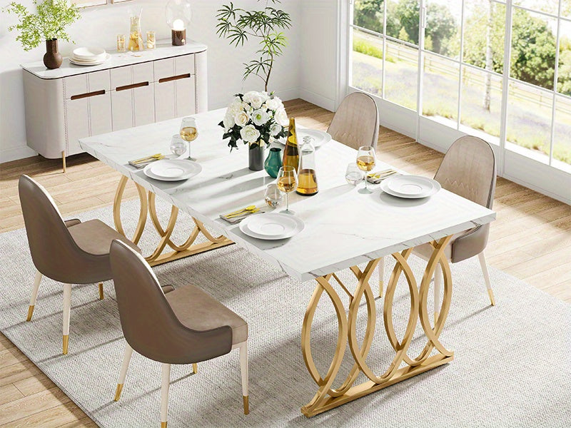 Modern Dining Table for 4-6 People, 63" Large Kitchen Table, Unique Rectangular Dinner Table, Dining Room Furniture with Faux Marble Tabletop and Geometric Legs