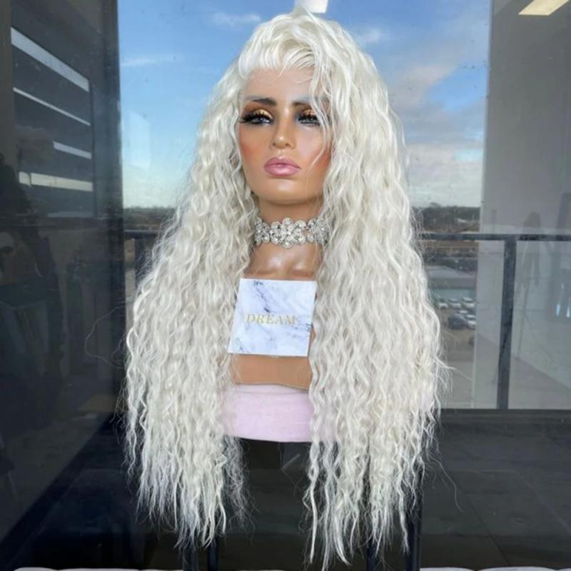 Long Curly Synthetic Lace Front Wigs for Women 60 Platinum Blonde Kinky Curly Lace Frontal Wig Cosplay Party Wigs