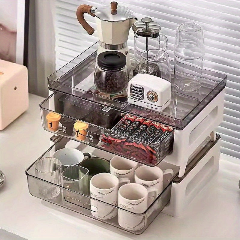 PVC Multi-Drawer Coffee Station Organizer: Cup and Snack Storage Rack with Tea Bag Compartment, Beverage Station Organizer, Kitchen Countertop Espresso Pod Holder