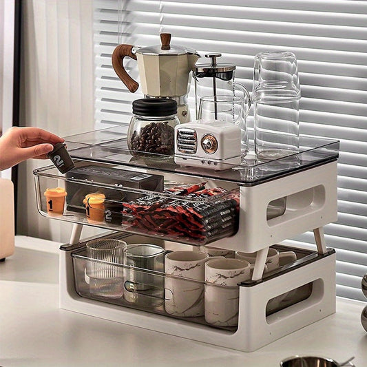 PVC Multi-Drawer Coffee Station Organizer: Cup and Snack Storage Rack with Tea Bag Compartment, Beverage Station Organizer, Kitchen Countertop Espresso Pod Holder