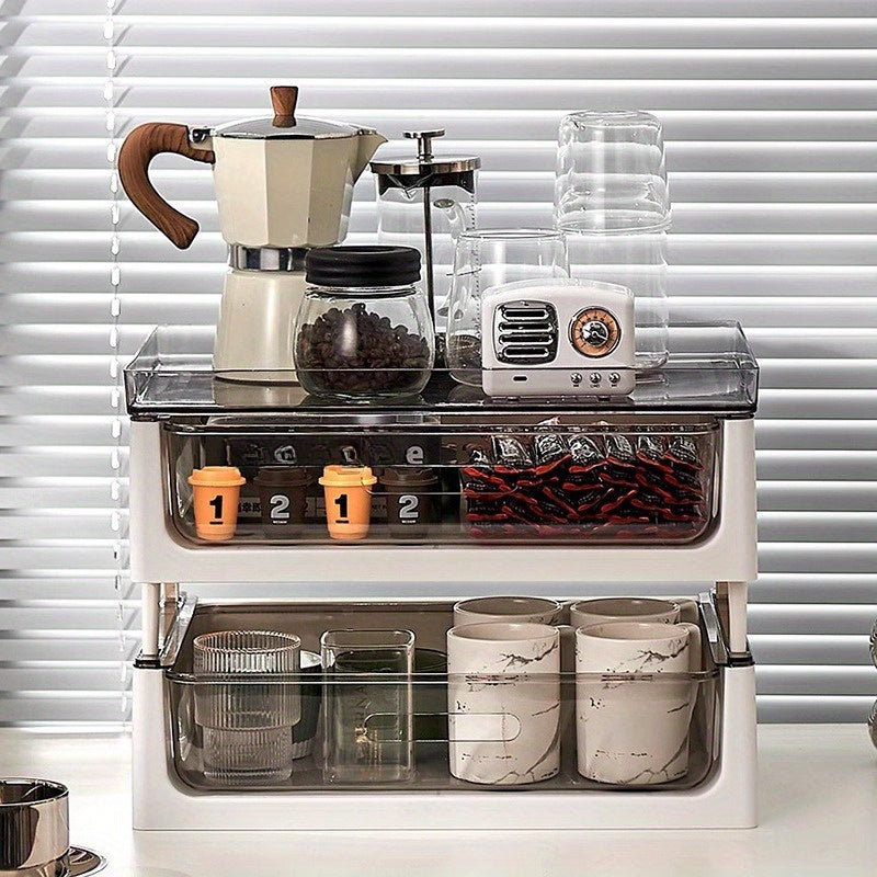 PVC Multi-Drawer Coffee Station Organizer: Cup and Snack Storage Rack with Tea Bag Compartment, Beverage Station Organizer, Kitchen Countertop Espresso Pod Holder