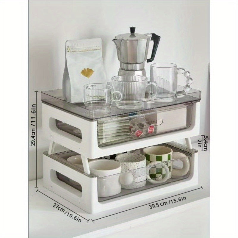 PVC Multi-Drawer Coffee Station Organizer: Cup and Snack Storage Rack with Tea Bag Compartment, Beverage Station Organizer, Kitchen Countertop Espresso Pod Holder