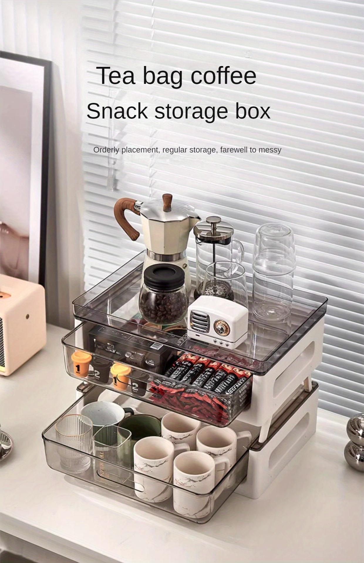 PVC Multi-Drawer Coffee Station Organizer: Cup and Snack Storage Rack with Tea Bag Compartment, Beverage Station Organizer, Kitchen Countertop Espresso Pod Holder