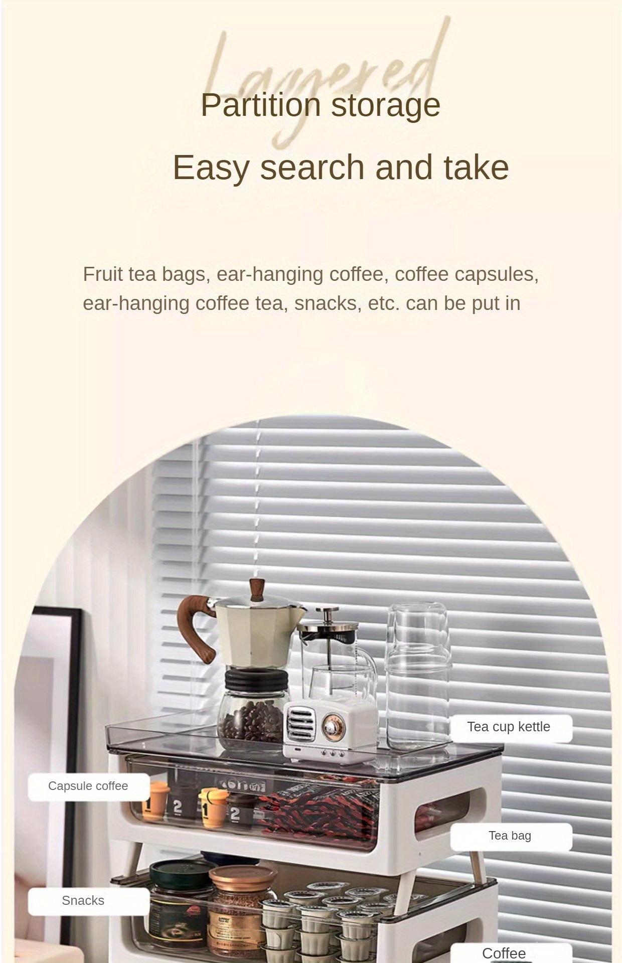 PVC Multi-Drawer Coffee Station Organizer: Cup and Snack Storage Rack with Tea Bag Compartment, Beverage Station Organizer, Kitchen Countertop Espresso Pod Holder