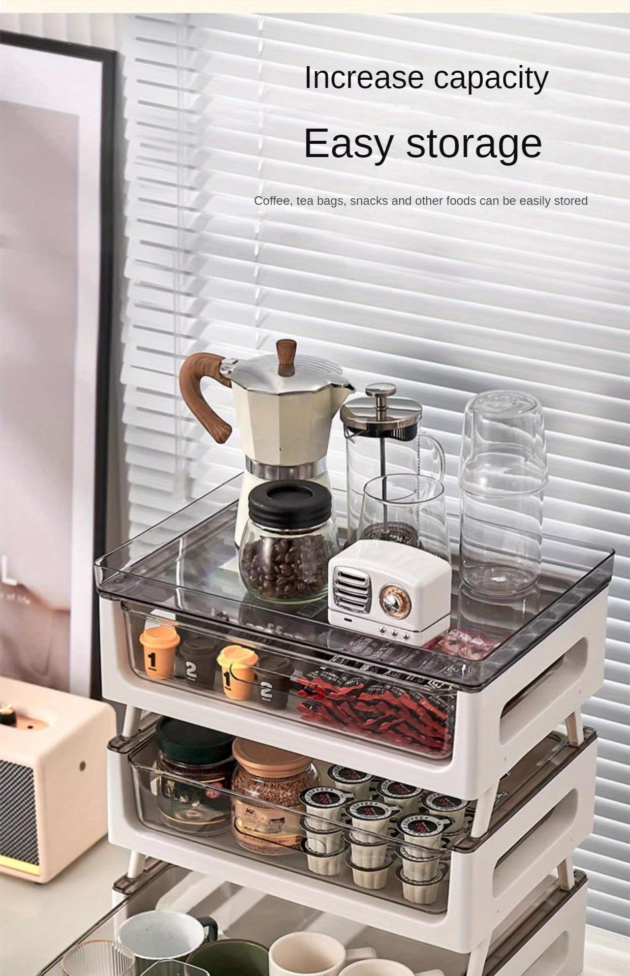 PVC Multi-Drawer Coffee Station Organizer: Cup and Snack Storage Rack with Tea Bag Compartment, Beverage Station Organizer, Kitchen Countertop Espresso Pod Holder