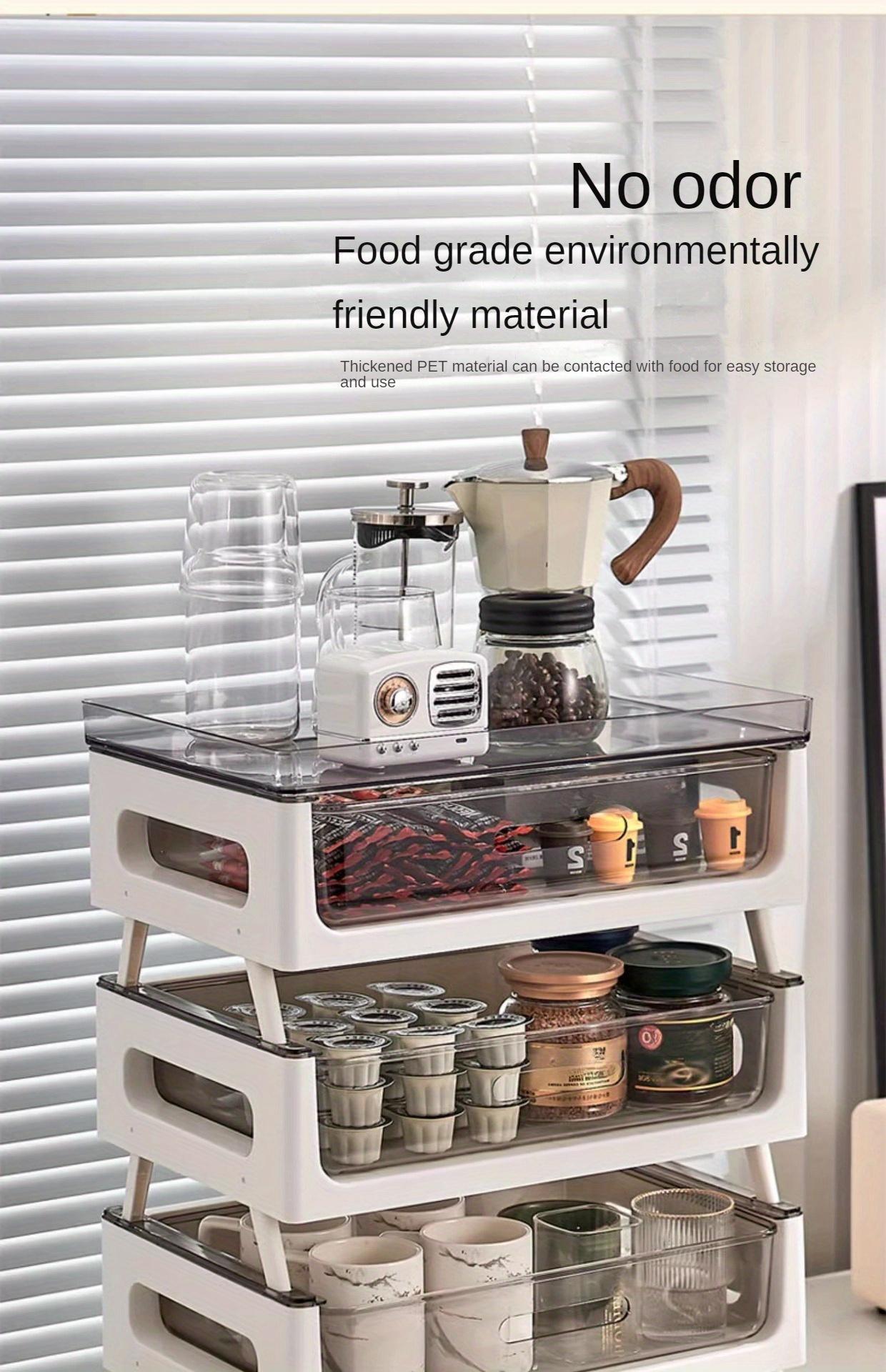 PVC Multi-Drawer Coffee Station Organizer: Cup and Snack Storage Rack with Tea Bag Compartment, Beverage Station Organizer, Kitchen Countertop Espresso Pod Holder