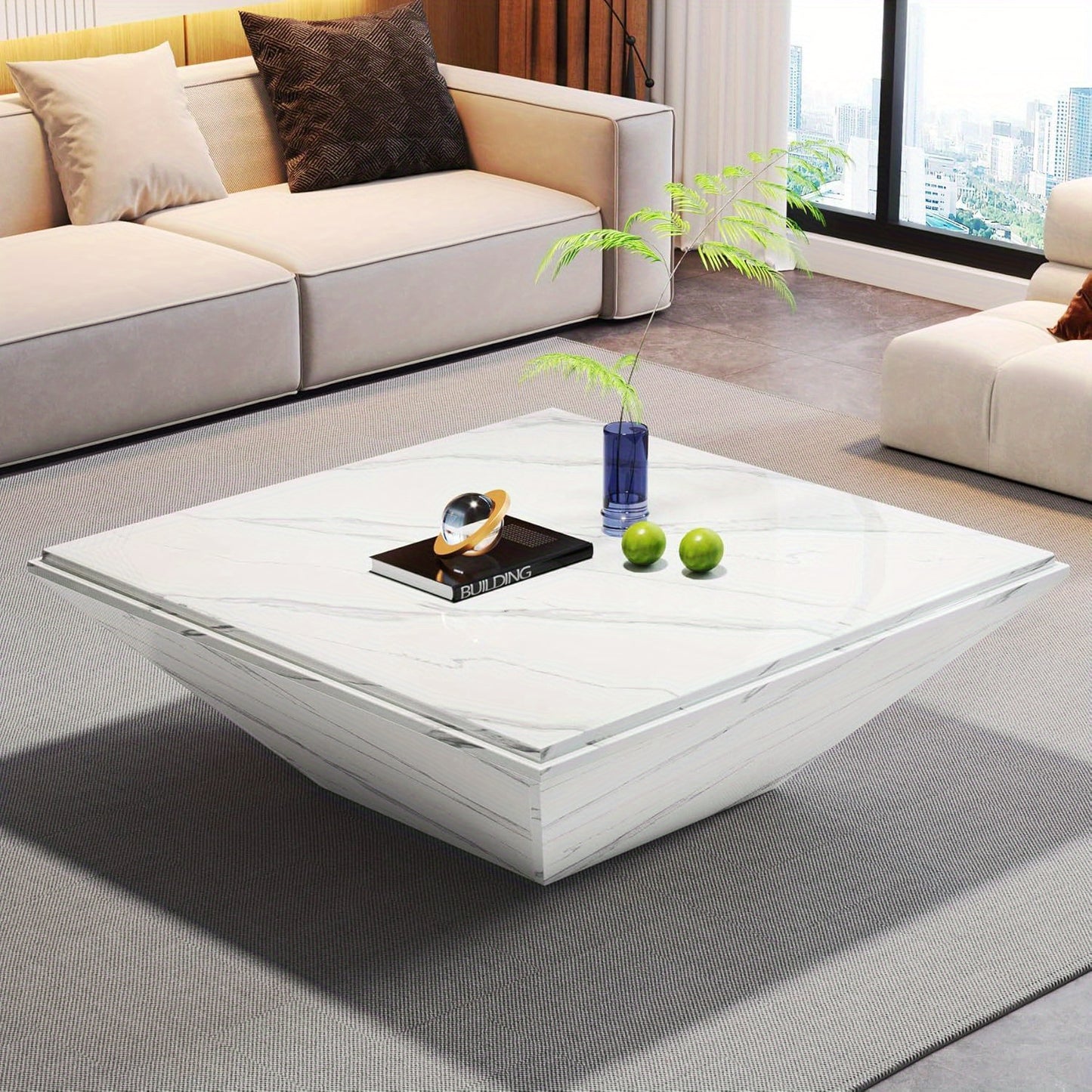 Coffee Table, 35.43-Inch Square Coffee Table with Faux Marble Tabletop, Modern Center Table for Living Room, Large Engineered Wood Cocktail Table, White