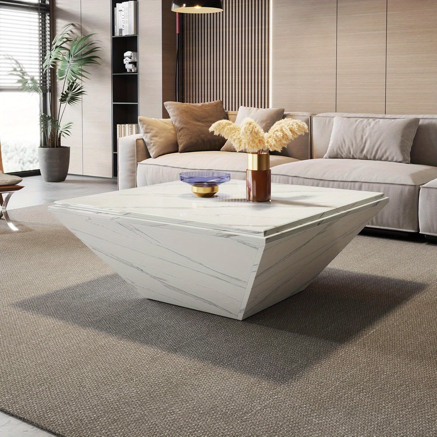 Coffee Table, 35.43-Inch Square Coffee Table with Faux Marble Tabletop, Modern Center Table for Living Room, Large Engineered Wood Cocktail Table, White