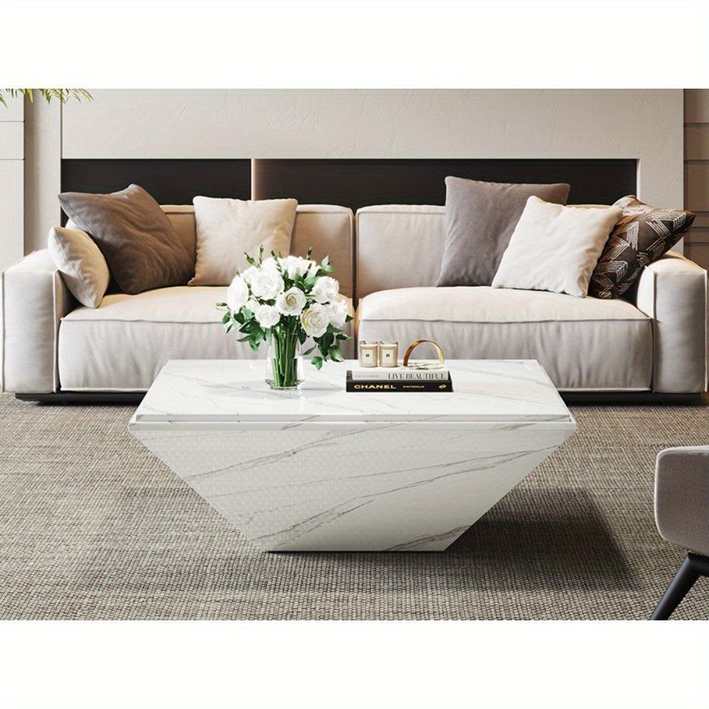 Coffee Table, 35.43-Inch Square Coffee Table with Faux Marble Tabletop, Modern Center Table for Living Room, Large Engineered Wood Cocktail Table, White