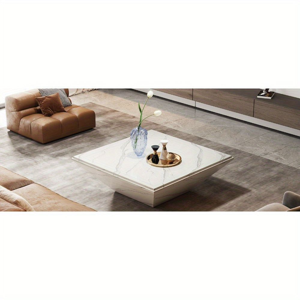 Coffee Table, 35.43-Inch Square Coffee Table with Faux Marble Tabletop, Modern Center Table for Living Room, Large Engineered Wood Cocktail Table, White