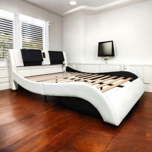 Faux Leather Queen Platform Bed Frame with Backrest Massage, Stylish Curve, Strong Slat Support, One Box Packaging