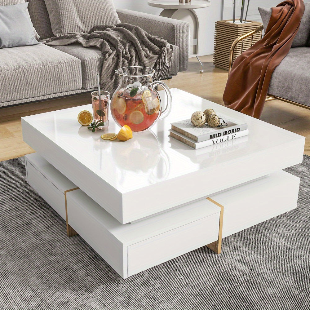 31.5" High Gloss Multi-Storage Square Cocktail Tea Table with 4 Drawers, Modern Living Room Center Table