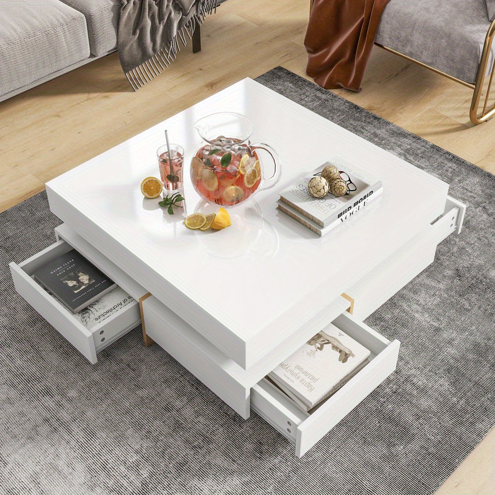 31.5" High Gloss Multi-Storage Square Cocktail Tea Table with 4 Drawers, Modern Living Room Center Table