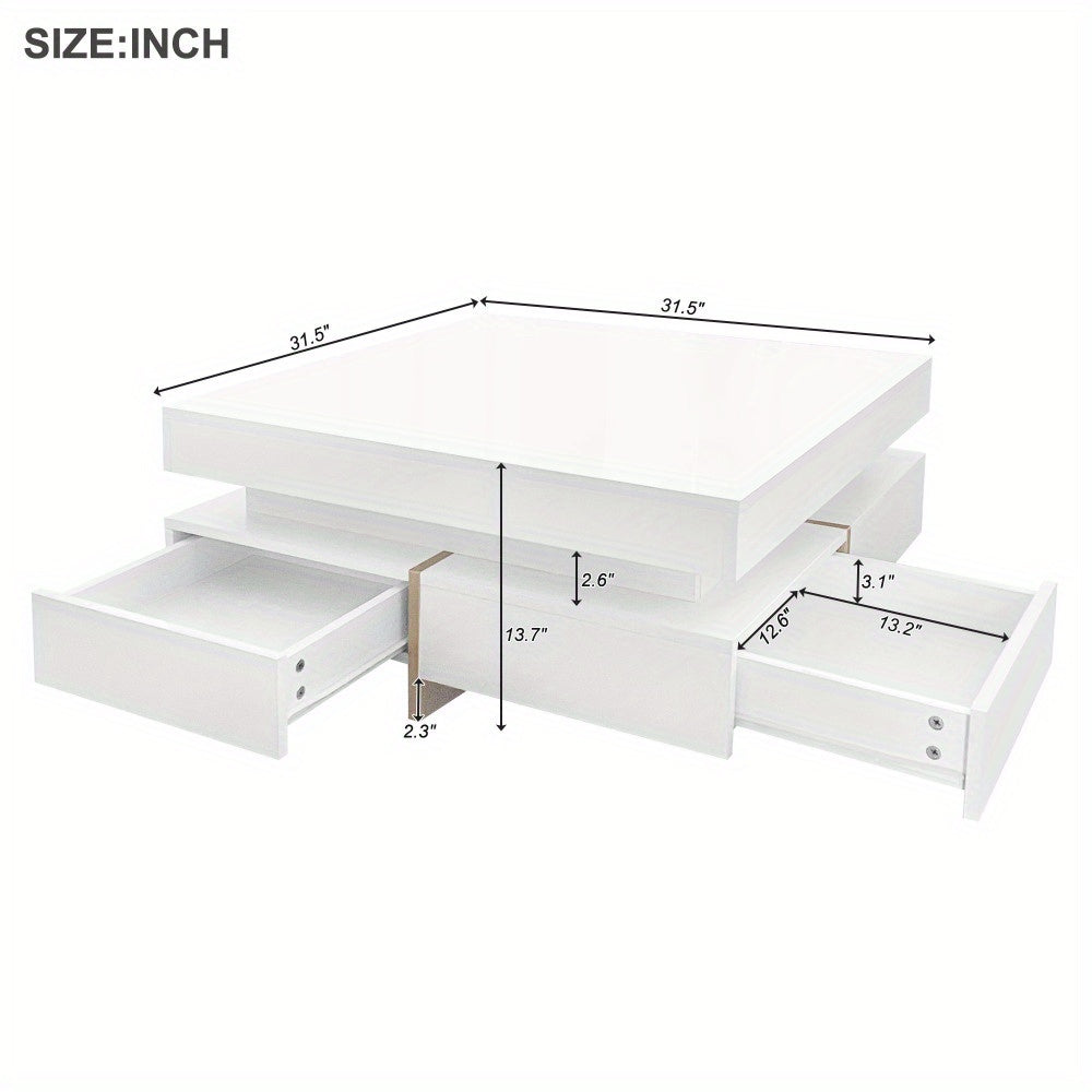 31.5" High Gloss Multi-Storage Square Cocktail Tea Table with 4 Drawers, Modern Living Room Center Table