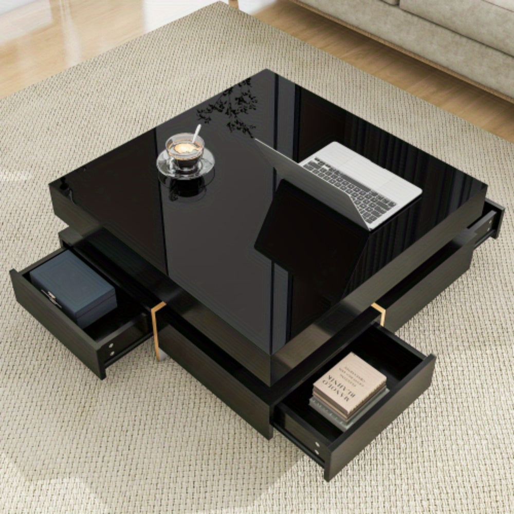 31.5" High Gloss Multi-Storage Square Cocktail Tea Table with 4 Drawers, Modern Living Room Center Table