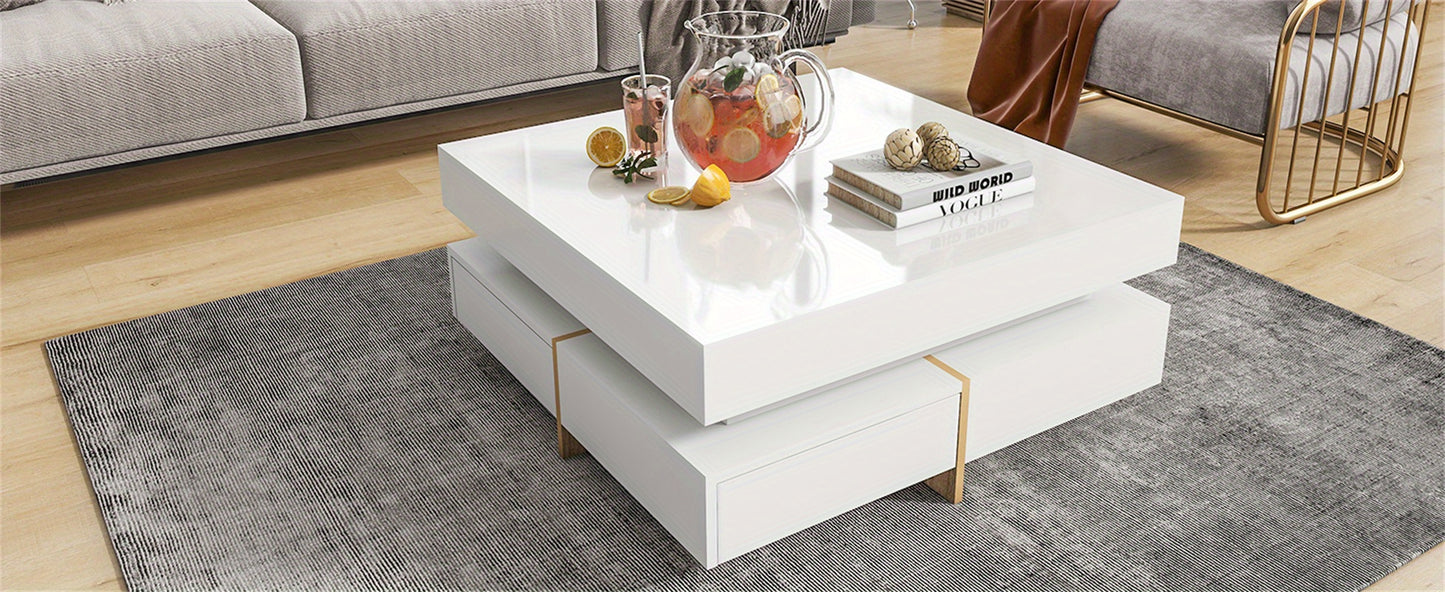 31.5" High Gloss Multi-Storage Square Cocktail Tea Table with 4 Drawers, Modern Living Room Center Table