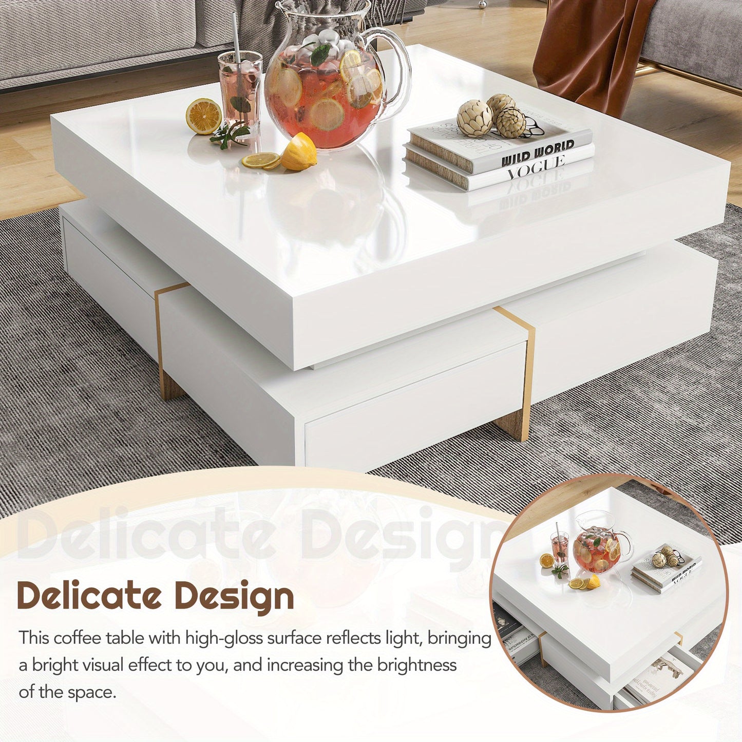 31.5" High Gloss Multi-Storage Square Cocktail Tea Table with 4 Drawers, Modern Living Room Center Table